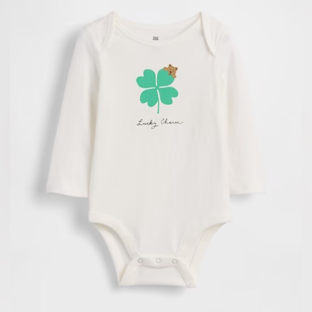 Gap Long-Sleeve Baby One-Piece with Green Clover Graphic